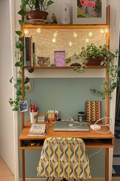 a desk with a laptop on top of it and some plants in front of it