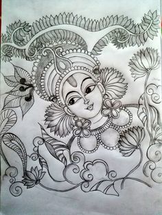 Kerala Mural Painting Outline Sketches Krishna, Kerala Mural Drawings, Kamalkari Painting, Simple Kerala Mural Painting Design, Kadhakali Paintings