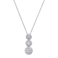 14K white gold three-stone halo pendant with 32 round brilliant cut lab grown diamonds weighing approximately 3/4 ct. tw. 18 inch 14K white gold rope chain | Light Heart® 3/4 ct. tw. Lab Grown Diamond Three-Stone Pendant Necklace | 14K White Gold Helzberg Diamonds, Gold Rope Chains, Halo Pendant, Stone Pendant Necklace, Stone Pendant, Rope Chain, Three Stone, Stone Pendants, Diamond Pendant