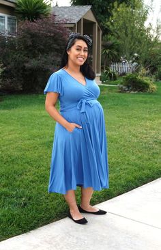 Modest Flowy Maternity Dress, Bump Friendly V-neck Maternity Dress, Maternity V-neck Bump Friendly Dress, Solid V-neck Maternity Dress, Bump-friendly V-neck Maternity Dress, Ruched V-neck Maternity Dress, Summer Maternity Dress With Ruched Detail, Faux Wrap Top, Spandex Dress