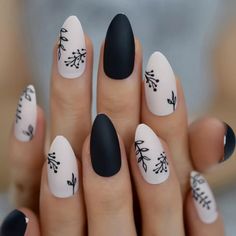 24 pcs Black Fern Long Press On Nails leaf nude glue on matte vine design foliage French floral medium almond stiletto Ongles Beiges, Press On Nails Black, Almond Press On Nails, Metallic Nails, Nails Black, Nail Art Hacks, Bling Nails, Short Acrylic Nails