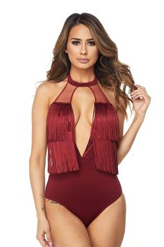 Glamorous Red Slay Fringe Bodysuit Fringe Bodysuit, Bodysuit Top, A Goddess, Sleeveless Bodysuit, V Cut, V Cuts, Pretty Face, Deep V, One Piece