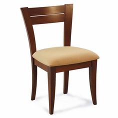 a wooden chair with a tan seat cushion on it's back and side, against a white background