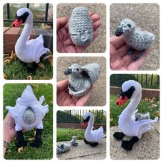 there are many pictures of stuffed animals made to look like swans