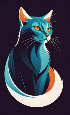 a blue cat with orange eyes sitting in a circle on a black background, looking to the side