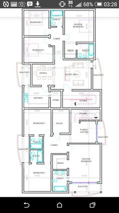 the floor plan for a house with three rooms and two bathrooms on each side, in blue