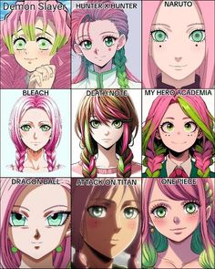 many different anime characters with pink hair and green eyes