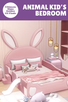 an animal kid's bedroom with pink furniture and accessories, including a large bed