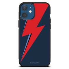 an iphone case with a lightning bolt on the back and red, blue, and black background