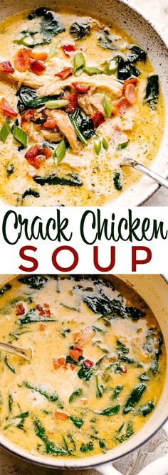 two pictures of chicken soup with spinach and tomatoes