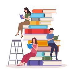 two people sitting on top of books and one reading a book while the other sits on a ladder