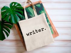 Our writer bag makes a perfect gift for your author and writer friends.  For this listing we offer two styles of Tote Bags! Please check our other listing images to see each. + Looking for more items like this? Head this way: https://www.etsy.com/shop/FableBound?section_id=42594039 ABOUT THIS TOTE + Includes: one large natural colored tote with printed design in black on one side + The tote is made from 100% cotton canvas + Styles Available: Lightweight - Size: 14.75″W x 14.75″H - Handles: 22″ h Literary Tote Bag For Gift, Literary Style Tote Bag For Gift, Bookish Bags With Letter Print For Gift, Literary Style Letter Print Bag, Best Selling Author, Candle Shop, Market Bag, Sticker Shop, Printed Design