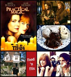 the movie poster for practical magic with pictures of people and food in front of them