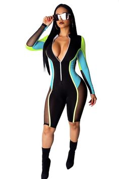 Long sleeve zippered multicolor romper with mesh insets Pola Jumpsuit, Mesh Romper, Womens Jumpsuits Casual, Rompers Womens Jumpsuit, Jumpsuit Casual, Long Sleeve And Shorts, Jumpsuit Pattern, Womens Playsuits, Jumpsuits And Romper