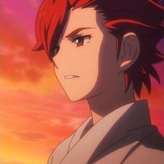 an anime character with red hair staring into the distance, in front of a sunset