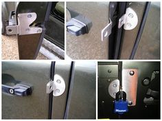 four pictures of different types of doors with locks and latches on them, all showing the same door handle