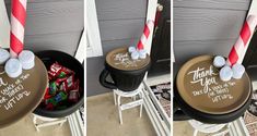 three pictures of a trash can with candy in it