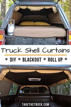 the back end of a truck with an open trunk and bed in it, as well as text overlay that says diy blackout roll up