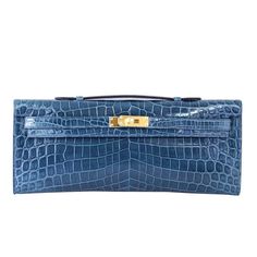 HERMES Kelly Cut Clutch Bag BLUE COLVERT Niloticus Crocodile Gold Hardware Kelly Cut, Two Dots, Nile River, Blue Handbags, Hermes Box, Crocodile Skin, Hermes Bags, Blue Bags