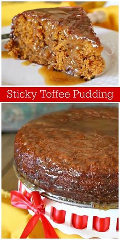 sticky toffe pudding on a plate with a red ribbon around it and the words sticky toffe pudding below