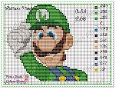 a cross stitch pattern with an image of a man in a green hat holding a baseball glove