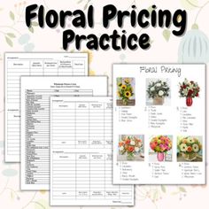 the floral pricing sheet is shown with flowers in vases and other items on it