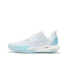 a white and blue tennis shoe on a white background