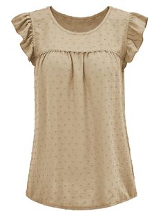 Upgrade your wardrobe with the Meredith Short Ruffle Sleeve Top in classic khaki. This top features charming ruffle sleeves, adding a touch of whimsy to any outfit. Perfect for those who don't take themselves too seriously, this top is sure to bring a smile to your face. Size Guide: Model is 5’7” tall, and has a 33.6” bust, 24.1” waist, & 35.2” hips. She is wearing a S / US 4 / AU 8. This top is true to size. Material: 100% Polyester. Feature: Crew neckline. Ruffle cap sleeve. Relax fit. No closure. Care Instructions: Machine wash / Cold hand wash Beige Ruffled Flutter Sleeve Top, Beige Ruffled Top With Flutter Sleeves, Casual Beige Blouse With Ruffle Hem, Beige Ruffle Sleeve Top With Ruffles, Feminine Beige Blouse With Flutter Sleeves, Feminine Beige Flutter Sleeve Blouse, Chic Beige Flutter Sleeve Top, Chic Beige Top With Flutter Sleeves, Chic Beige Tops With Flutter Sleeves