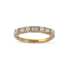 A delightful look, this sophisticated style can be worn as a wedding band, anniversary band or as a fashion ring. Beautifully crafted in 14K yellow gold, this charming band sparkles with baguette and round diamonds set alternatively. The milgrain border around the baguette diamonds add more charm to the design. Radiant with 1/2 ct.t.w of diamonds and a polished shine, this sparkling diamond band is certain to be adored. Ideal to be gifted, this diamond band for women ships packed in a beautiful Classic Gold Baguette Diamond Ring, Yellow Gold Eternity Band With Baguette Diamonds, Gold Eternity Band With Baguette Diamonds, Classic Eternity Band With Baguette Diamonds For Anniversary, Classic Yellow Gold Ring With Baguette Diamonds, Yellow Gold Emerald-cut Eternity Band With Baguette Diamonds, Classic Baguette Diamond Ring With Single Cut Diamonds, Classic Gold Ring With Baguette Diamonds, Classic Baguette Diamond Promise Ring