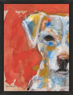 a painting of a white dog on a red background