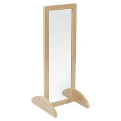 a wooden stand with a mirror on it