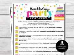 a birthday party pass the prize card