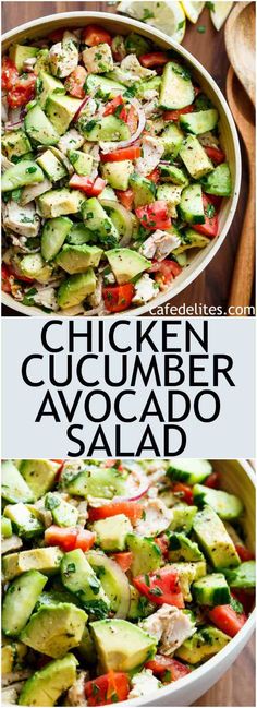 chicken cucumber avocado salad in a white bowl