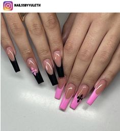 Pink And Black Nail Designs Acrylic, Black Nail Acrylic Ideas, Black And Pink Acrylic Nails Ideas, Pinks And Black Nails, Pink And Black Nail Inspo Acrylic, Pink And Black French Tip Nails Coffin, Pink Black Nails Ideas, Light Pink And Black Nails Ideas, Black And Pink Almond Nails Designs