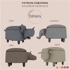 three different types of children's room decor including rhino, hippo and sheep