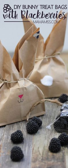 blackberries are wrapped in brown paper and sitting on a wooden table with the words, diy bunny treat bags with blackberries