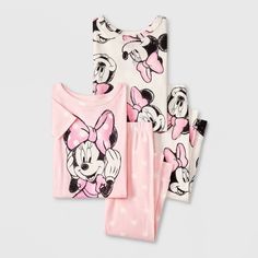 Tuck your little one into magical bedtime with this 4-Piece Snug-Fit Cotton Minnie Mouse Pajama Set. Two pairs of short-sleeve sleep shirts and PJ pants are included in this coordinating pajama set, each featuring a pull-on design, 100% cotton construction, elasticized waistbands and banded cuffs for comfortable wear. The white set is decorated with allover Minnie Mouse face prints, while the other pair has pink PJ pants with white polka dots and a light pink tee adorned with a front graphic of Baby Disney Outfits, Pink Pj Pants, Makeup List, Minnie Mouse Girl, Cotton Pajama Sets, White Set, Pj Pants, Pink Tee, Flutter Sleeve Top