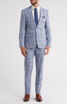 Whether it's an office occasion or a special event, this dapper suit is covered with a classic check design that can do it all. Jacket has notched lapels; five-button cuffs; chest pocket; flap pockets; side vents Trousers have zip fly; slant pockets; back button-welt pockets Jacket is lined; trousers are lined to the knee 68% polyester, 30% rayon, 2% spandex Dry clean Imported Formal Plaid Suits With Notch Lapel, Plaid Notch Lapel Suit For Formal Occasions, Plaid Suits For Semi-formal Occasions, Semi-formal Plaid Suit, Plaid Semi-formal Suit, Business Plaid Suit With Suit Collar, Plaid Business Suit With Suit Collar, Tailored Plaid Suits For Business, Plaid Three-piece Suit With Notch Lapel For Formal Occasions