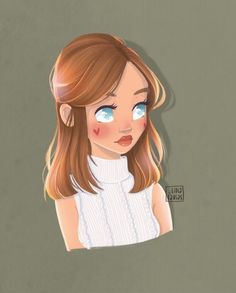 a drawing of a girl with blue eyes and brown hair, wearing a white top