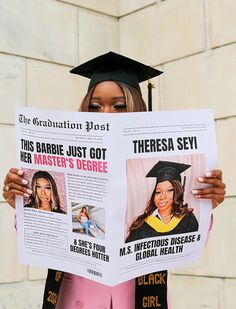 a woman wearing a graduation cap and gown holds up a newspaper with photos of herself