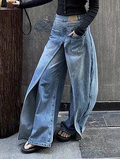 False Two Wide Leg Pockets Reversible Jean Pants Bottoms BLUE-S Jeans Design Ideas, Streetwear Jeans, Denim Decor, 90s Outfit, Double Denim, New Rock, Flare Leggings, Cargo Pants Women, Denim Trousers