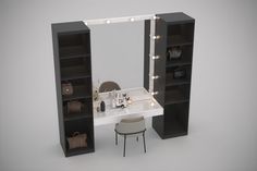 a white table with some black shelves on top of it and a stool in front of it