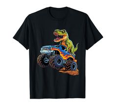 a t - shirt with an image of a dinosaur riding a monster truck