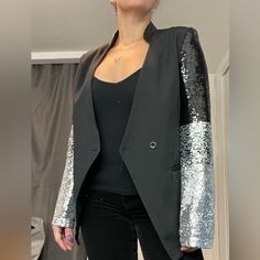 Nwt I Am A S/M It’s A Little Bigger On Me This Is More Like M/ L/ Xl Great Fabric Fall On The Body Very Nicely. Black Sequined Blazer For Night Out, Black Sequined Long Sleeve Blazer, Black Sequin Long Sleeve Blazer, Black Fall Party Blazer, Trendy Black Outerwear With Sequins, Trendy Black Sequined Outerwear, Black Winter Blazer For Night Out, Black Blazer For Night Out In Winter, Black Sequined Outerwear For Fall