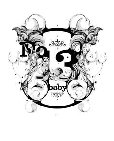 a black and white photo with the number thirteen baby in it's center, surrounded by swirling swirls