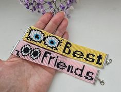 two cross stitch bracelets that say best friends and do it with googly eyes