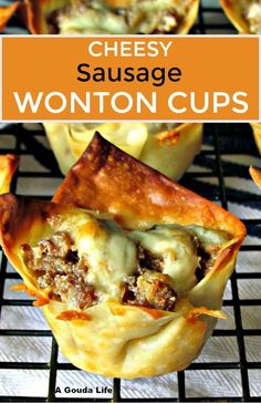 cheesy sausage wonton cups on a cooling rack with the title above it