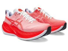 UNISEX SUPERBLAST | White/Sunrise Red | Running Shoes | ASICS Asics Pink Running Shoes With Boost Midsole, Asics Trail Running Shoes With Boost Midsole For Marathon, Red Low-top Asics Running Shoes, Red Asics Sneakers For Light Sports, Red Running Sneakers With Gel Cushioning, Red Low-top Running Shoes With Gel Cushioning, Red Running Shoes, Rebounder Trampoline, Running Shoes Asics