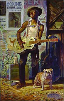 a painting of a man playing the guitar with his dog