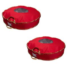 two red round trays with gold trim